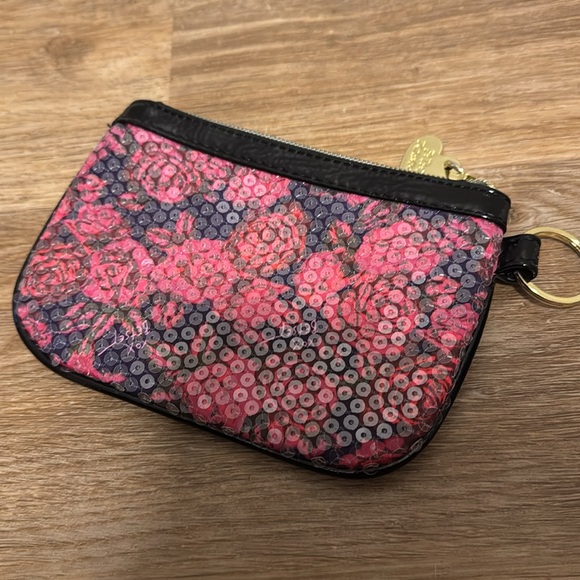 Betsey Johnson Rose Print with Sequins Small Zipper Coin Purse - Picture 4 of 4